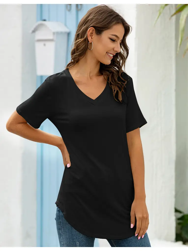 Black V Neck Loose T-Shirt for Women Spring Summer