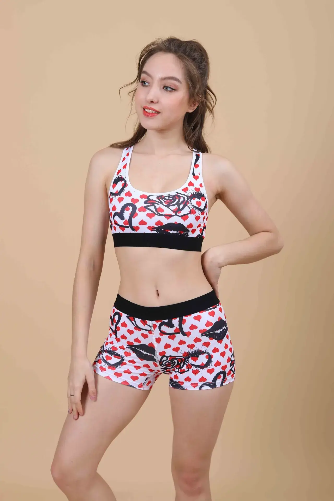 Red Printed Sports Bra Set with Waist Cutout - Image 7