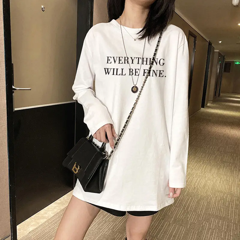 White Long Sleeve T-Shirt Women Korean Loose Fit Round Neck - Image 9