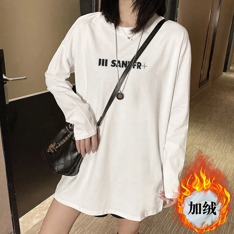 White Long Sleeve T-Shirt Women Korean Loose Fit Round Neck - Image 2