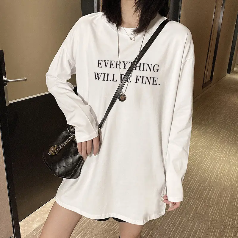 White Long Sleeve T-Shirt Women Korean Loose Fit Round Neck - Image 3