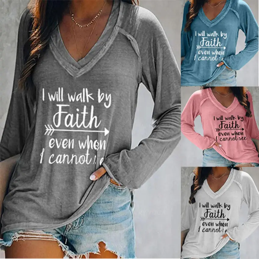 2021 V-Neck Faith Printed Long Sleeve T-Shirt Women Grey