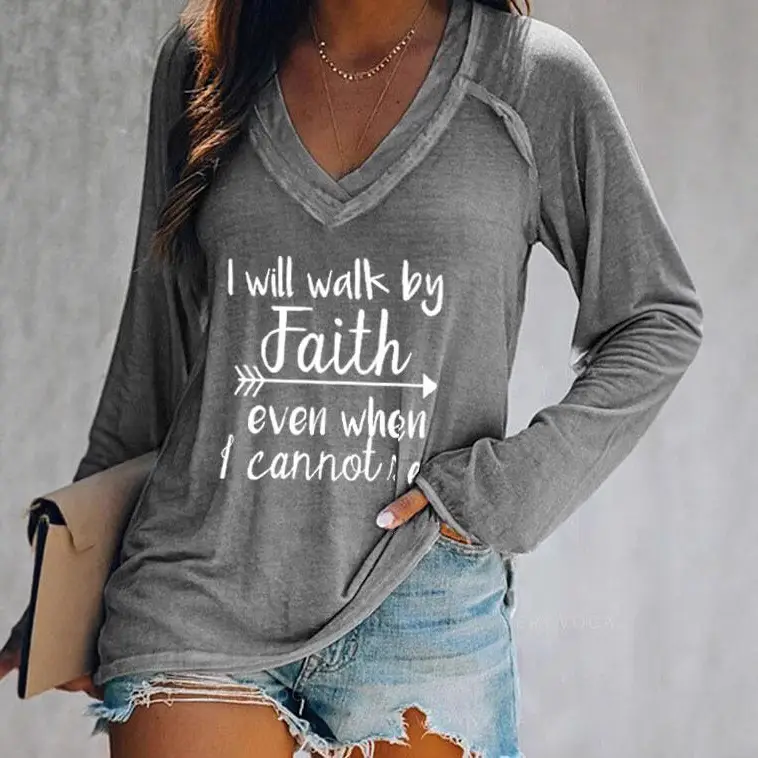 2021 V-Neck Faith Printed Long Sleeve T-Shirt Women Grey