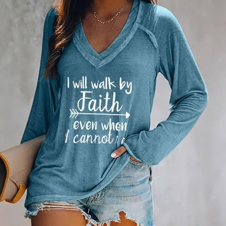 2021 V-Neck Faith Printed Long Sleeve T-Shirt Women Grey