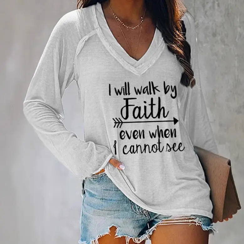 2021 V-Neck Faith Printed Long Sleeve T-Shirt Women Grey