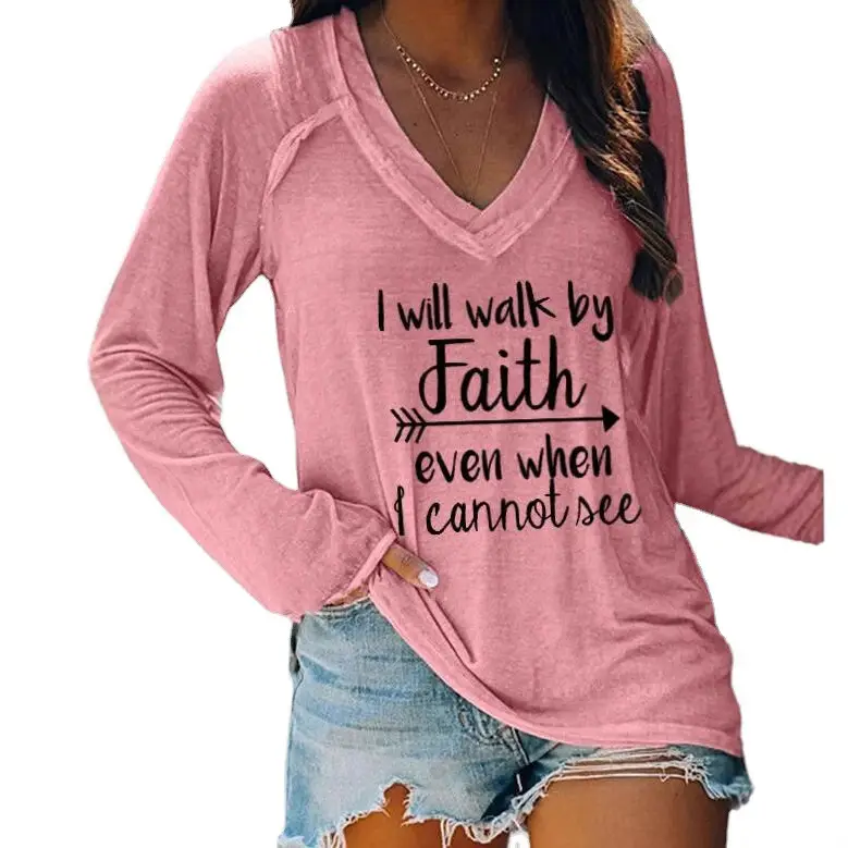 2021 V-Neck Faith Printed Long Sleeve T-Shirt Women Grey