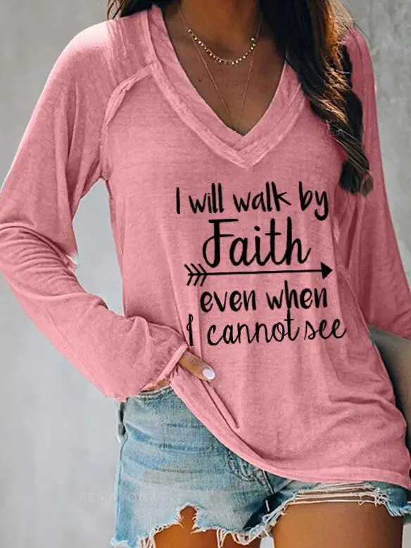 2021 V-Neck Faith Printed Long Sleeve T-Shirt Women Grey