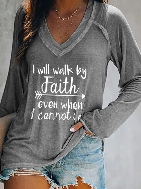 2021 V-Neck Faith Printed Long Sleeve T-Shirt Women Grey