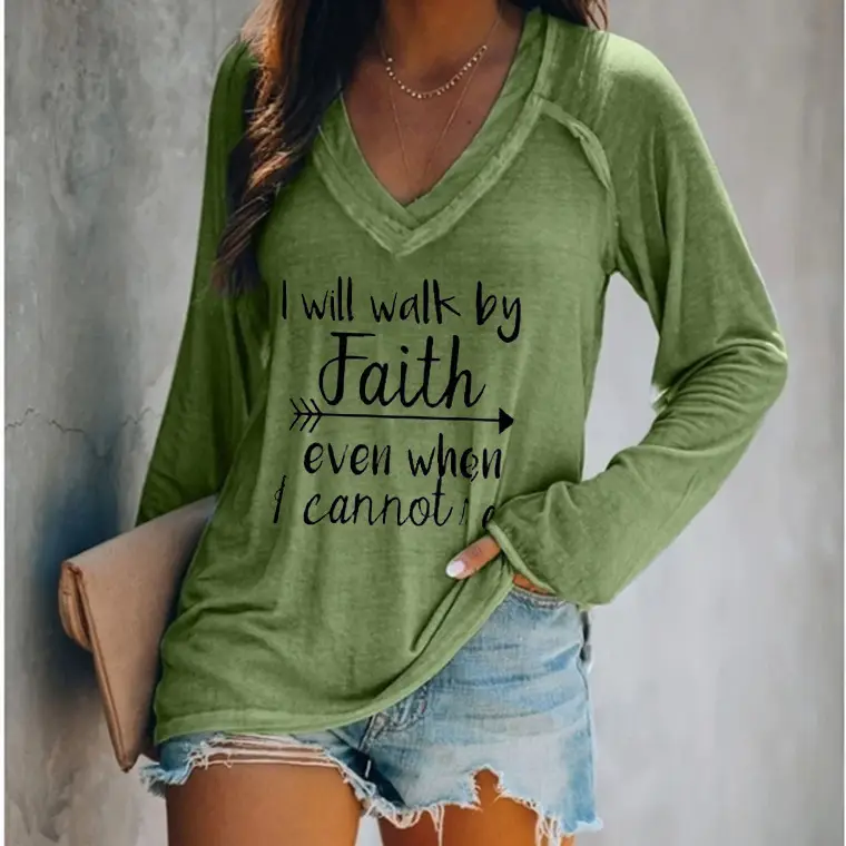 2021 V-Neck Faith Printed Long Sleeve T-Shirt Women Grey
