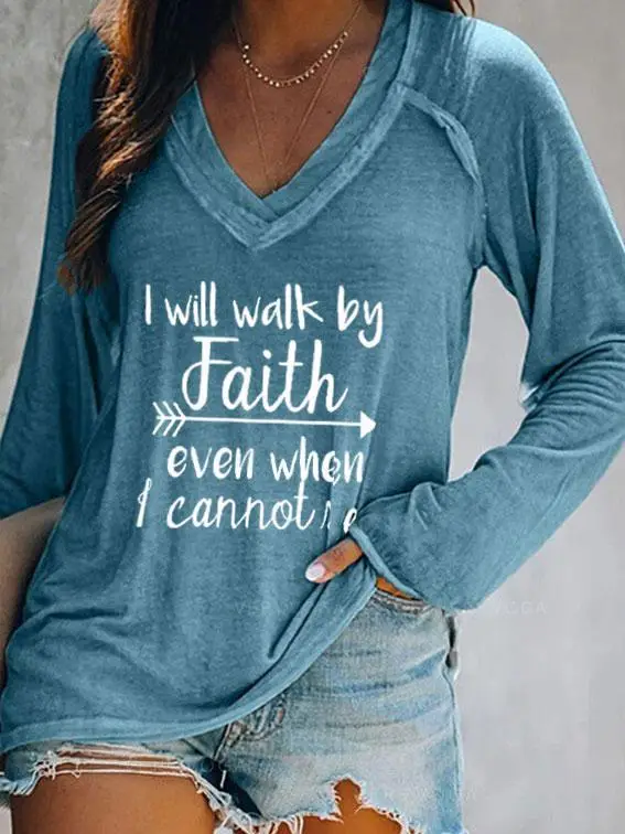2021 V-Neck Faith Printed Long Sleeve T-Shirt Women Grey