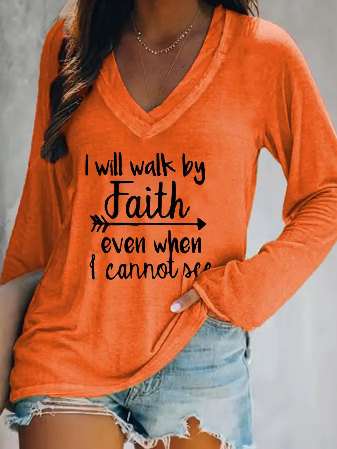 2021 V-Neck Faith Printed Long Sleeve T-Shirt Women Grey