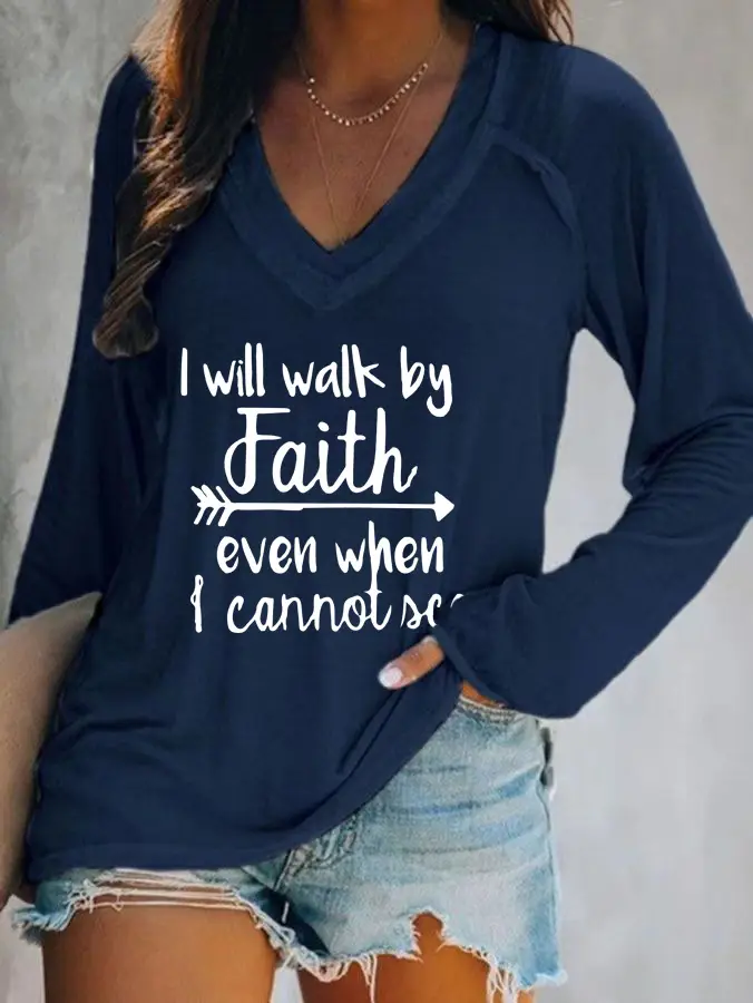 2021 V-Neck Faith Printed Long Sleeve T-Shirt Women Grey