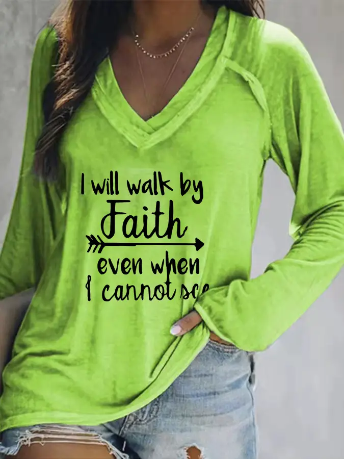 2021 V-Neck Faith Printed Long Sleeve T-Shirt Women Grey