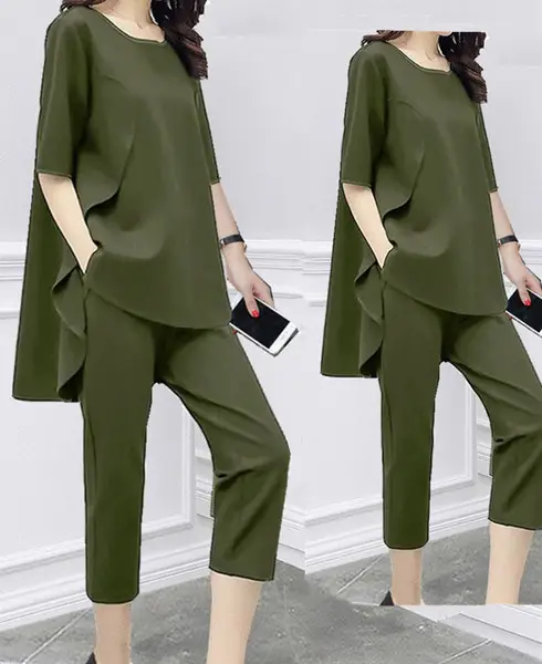 Women Loose Sleeve Green Two-Piece Suit Capri Pants - Image 23