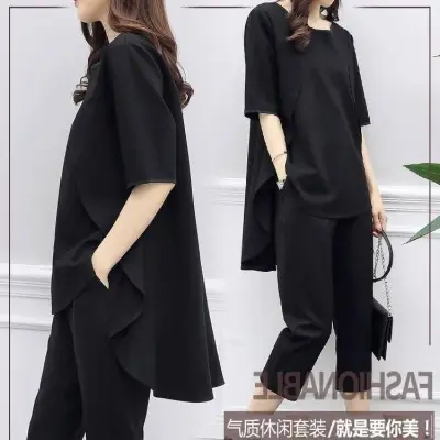 Women Loose Sleeve Green Two-Piece Suit Capri Pants - Image 24