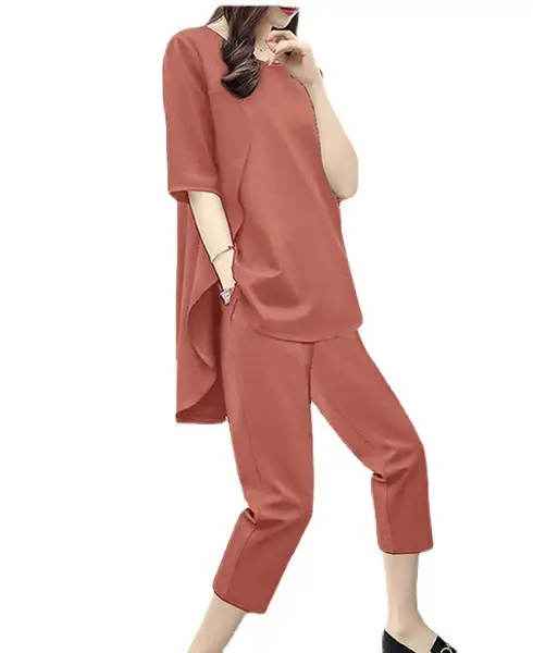 Women Loose Sleeve Green Two-Piece Suit Capri Pants - Image 26