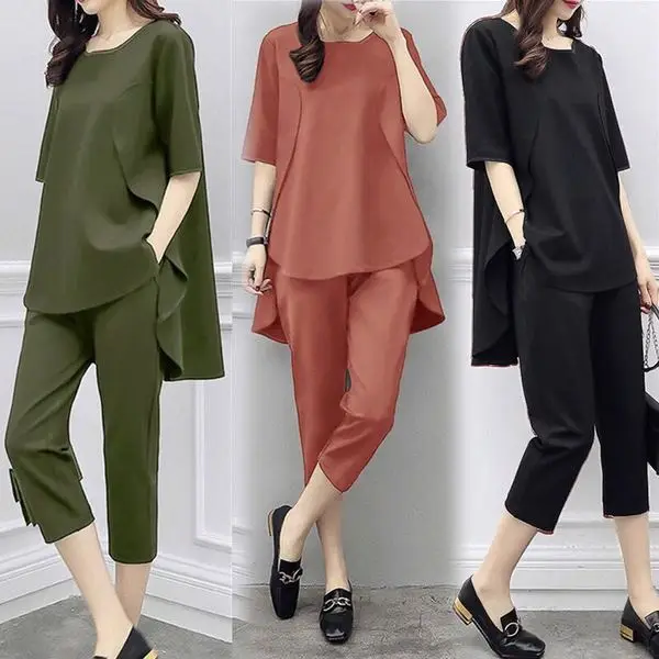 Women Loose Sleeve Green Two-Piece Suit Capri Pants — feature 8