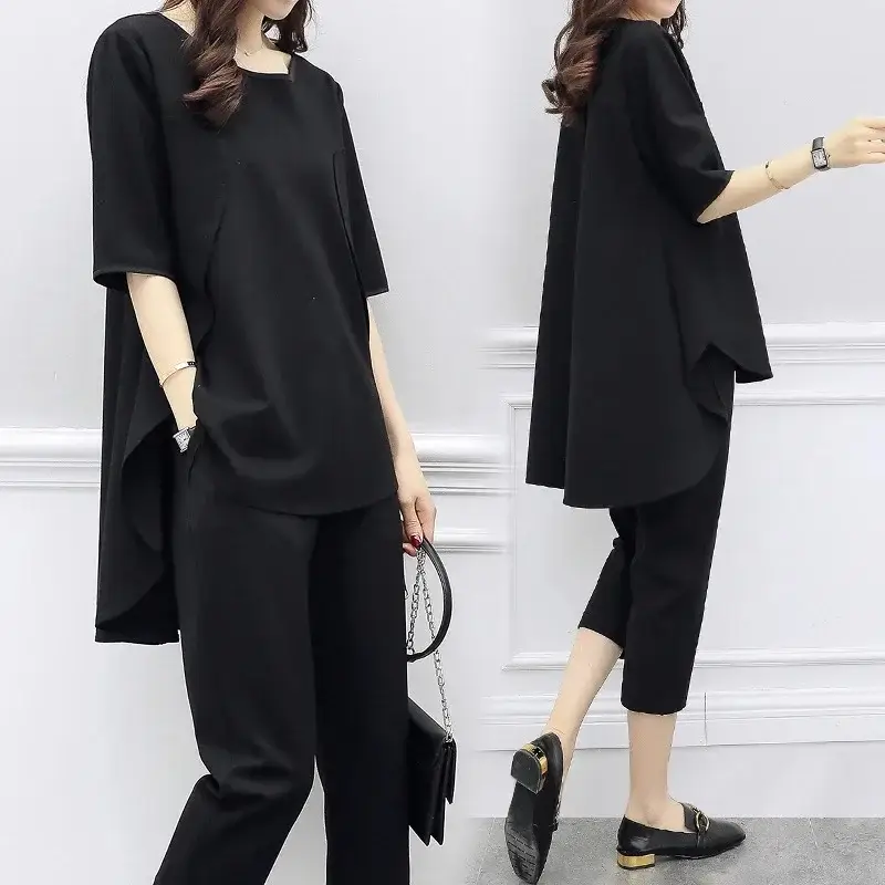 Women Loose Sleeve Green Two-Piece Suit Capri Pants - Image 6