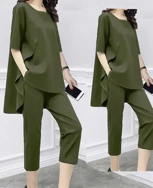 Women Loose Sleeve Green Two-Piece Suit Capri Pants - Image 8
