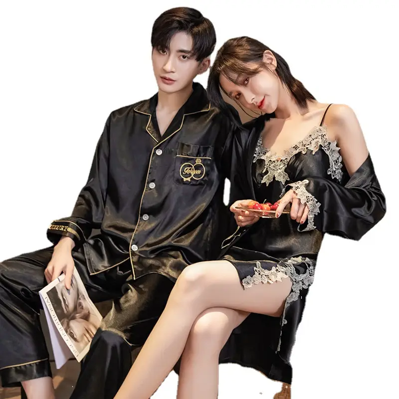 Couple Pajamas Black Silk Ice Silk Nightgown Set - Image 8