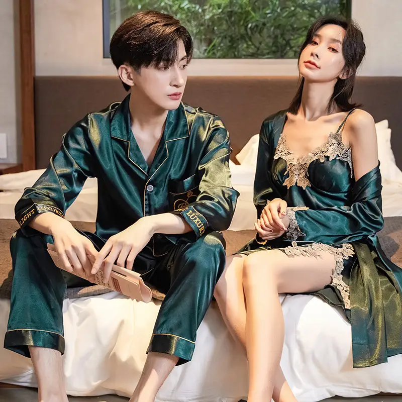Couple Pajamas Black Silk Ice Silk Nightgown Set - Image 3