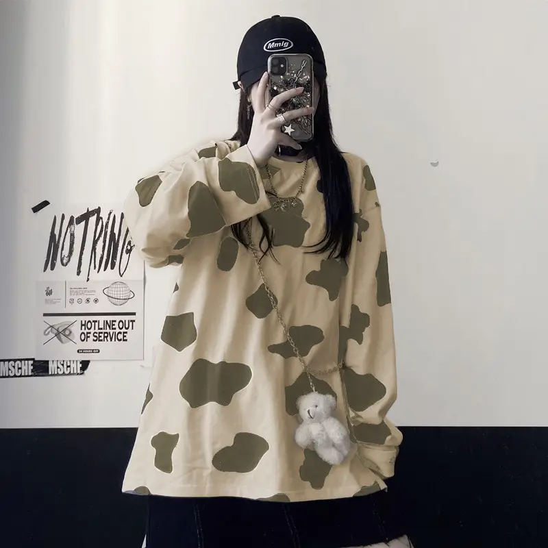 Cow Print Long Sleeve T-Shirt Women Korean Style Loose Fit - Image 4