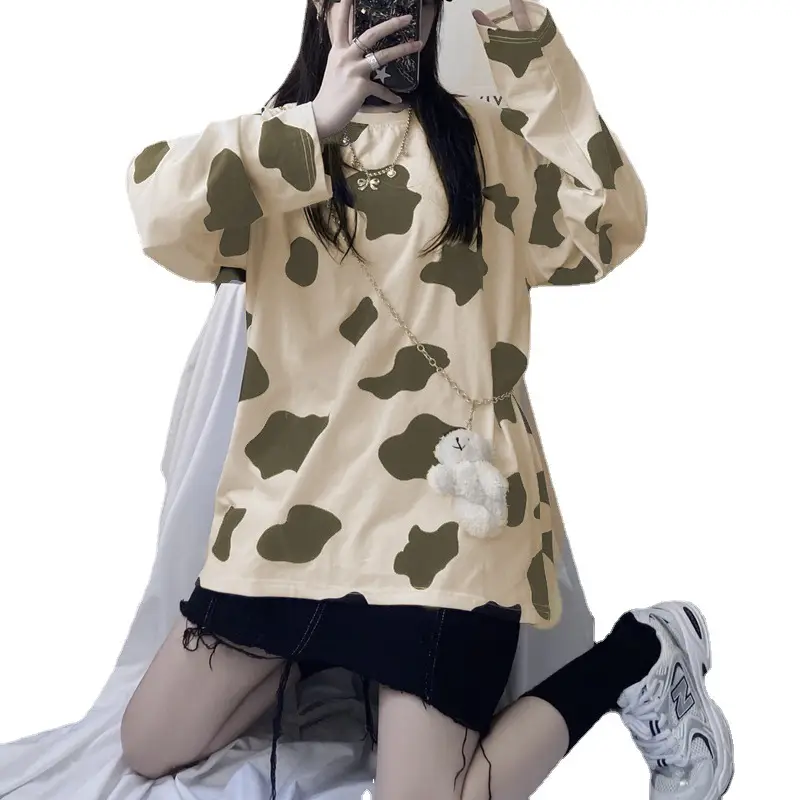 Cow Print Long Sleeve T-Shirt Women Korean Style Loose Fit - Image 5