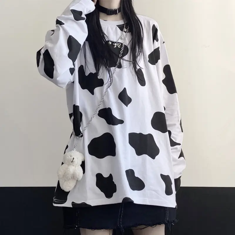Cow Print Long Sleeve T-Shirt Women Korean Style Loose Fit — feature 1