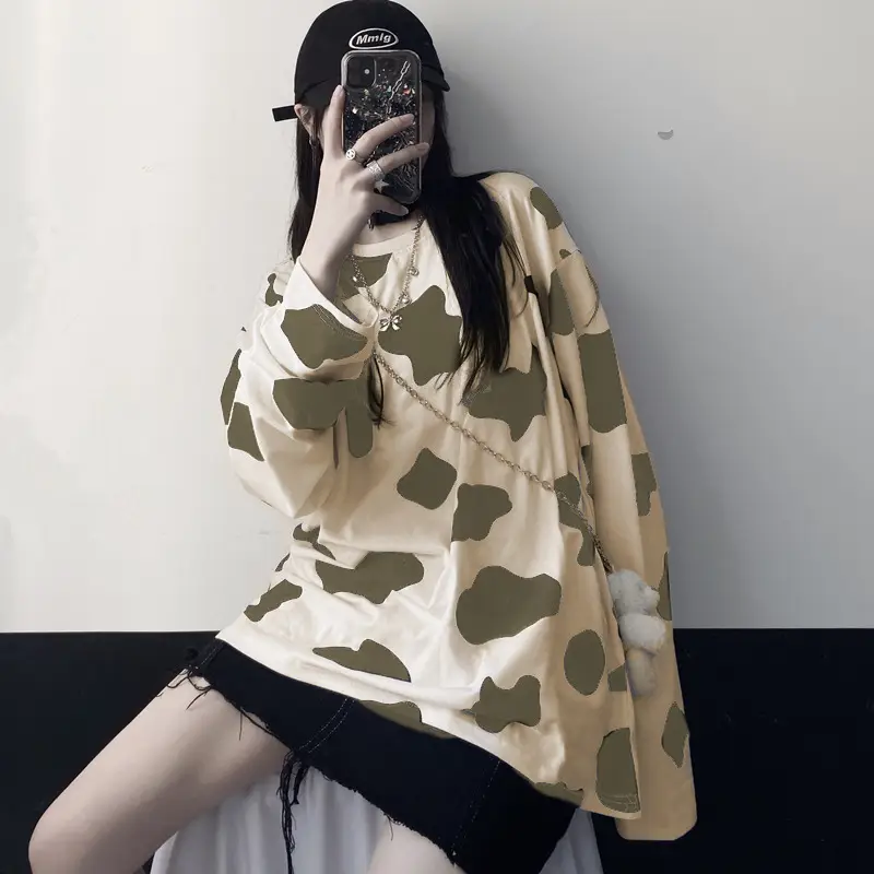 Cow Print Long Sleeve T-Shirt Women Korean Style Loose Fit — feature 10