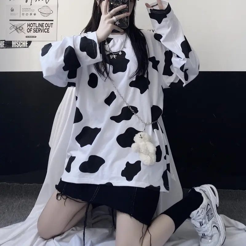 Cow Print Long Sleeve T-Shirt Women Korean Style Loose Fit — feature 2