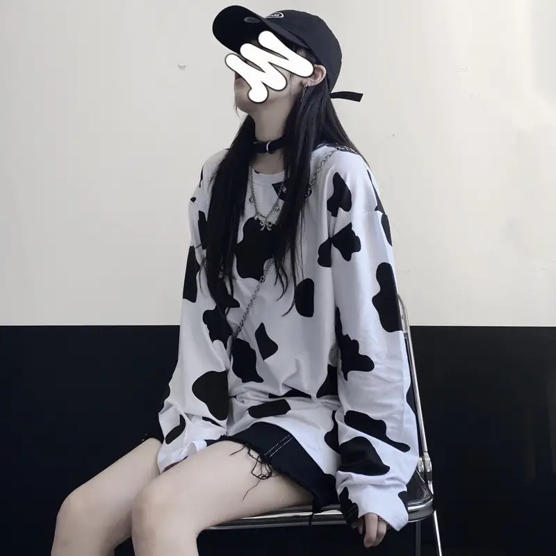 Cow Print Long Sleeve T-Shirt Women Korean Style Loose Fit — feature 3