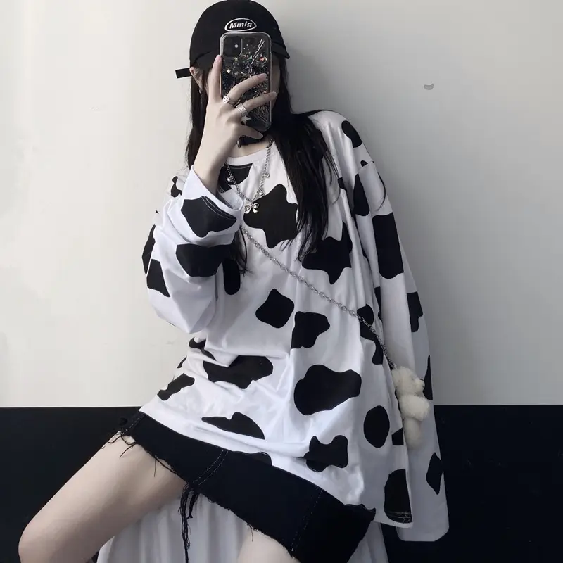Cow Print Long Sleeve T-Shirt Women Korean Style Loose Fit — feature 4
