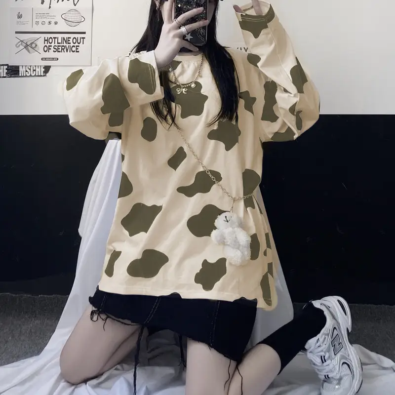 Cow Print Long Sleeve T-Shirt Women Korean Style Loose Fit — feature 9