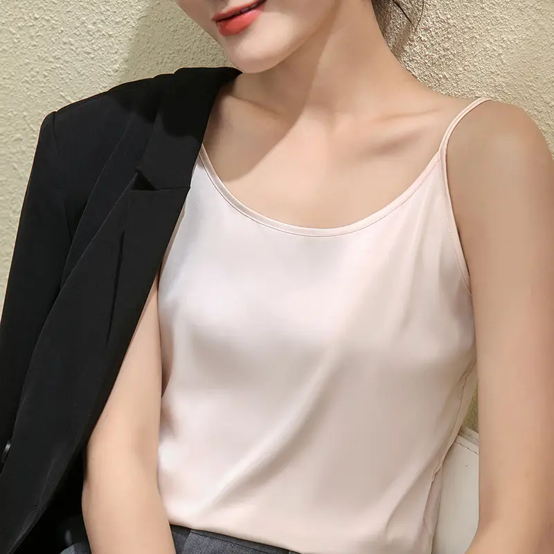 Women Satin Camisole Black Round Neck Sleeveless Summer - Image 5