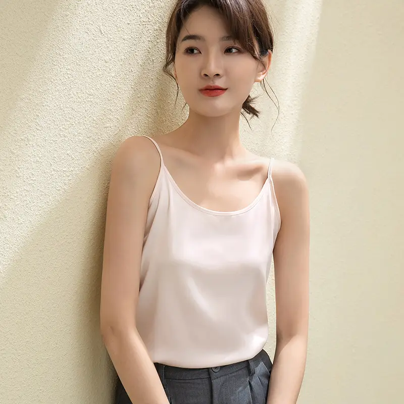 Women Satin Camisole Black Round Neck Sleeveless Summer - Image 2