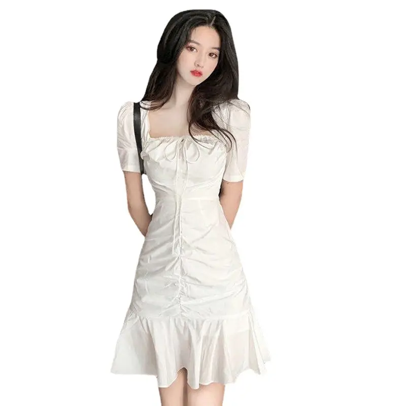 2023 White Pleated Ruffled Dress with Square Collar Waist - Image 6