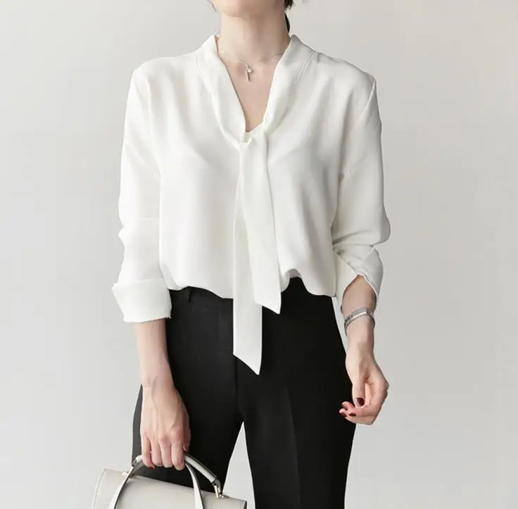 White V-neck Chiffon Shirt with Butterfly Strap - Image 4