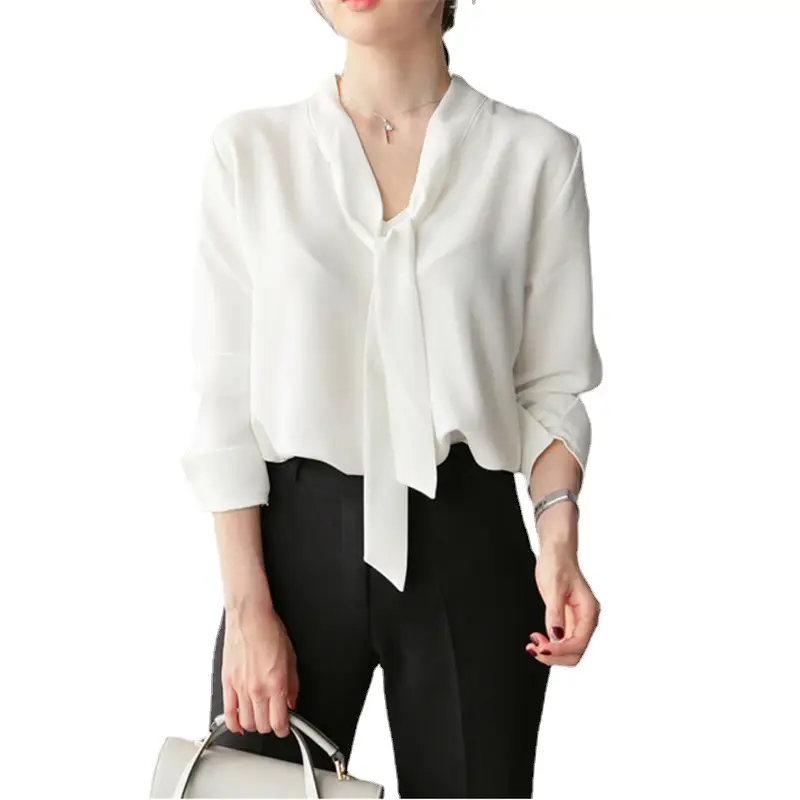White V-neck Chiffon Shirt with Butterfly Strap - Image 7