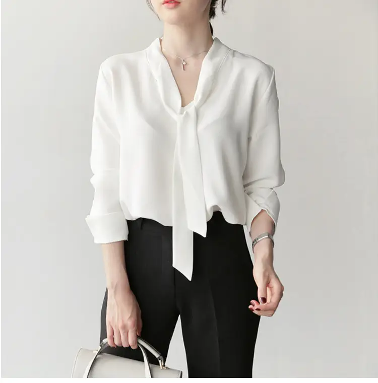 White V-neck Chiffon Shirt with Butterfly Strap — feature 1