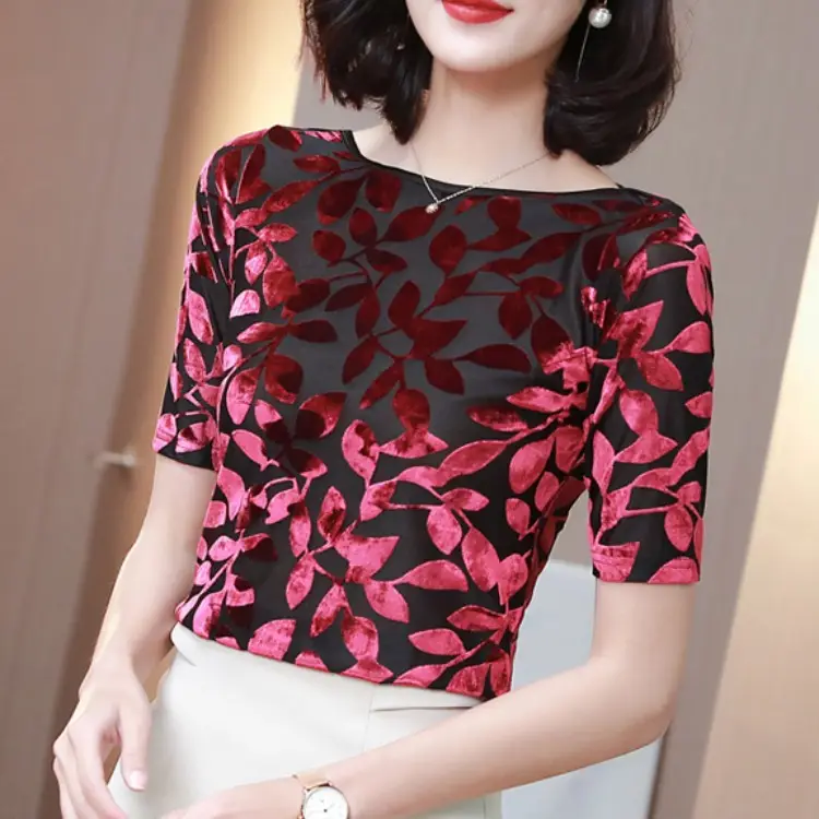 Women Black Leafy Flocked Mesh Top Mid Sleeve Spring Fall - Image 27