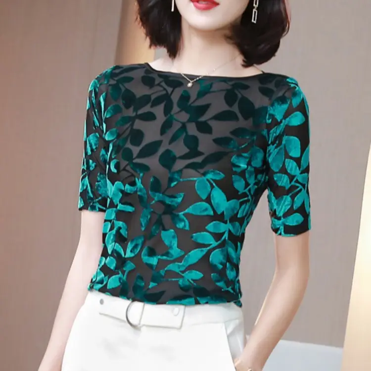Women Black Leafy Flocked Mesh Top Mid Sleeve Spring Fall - Image 28
