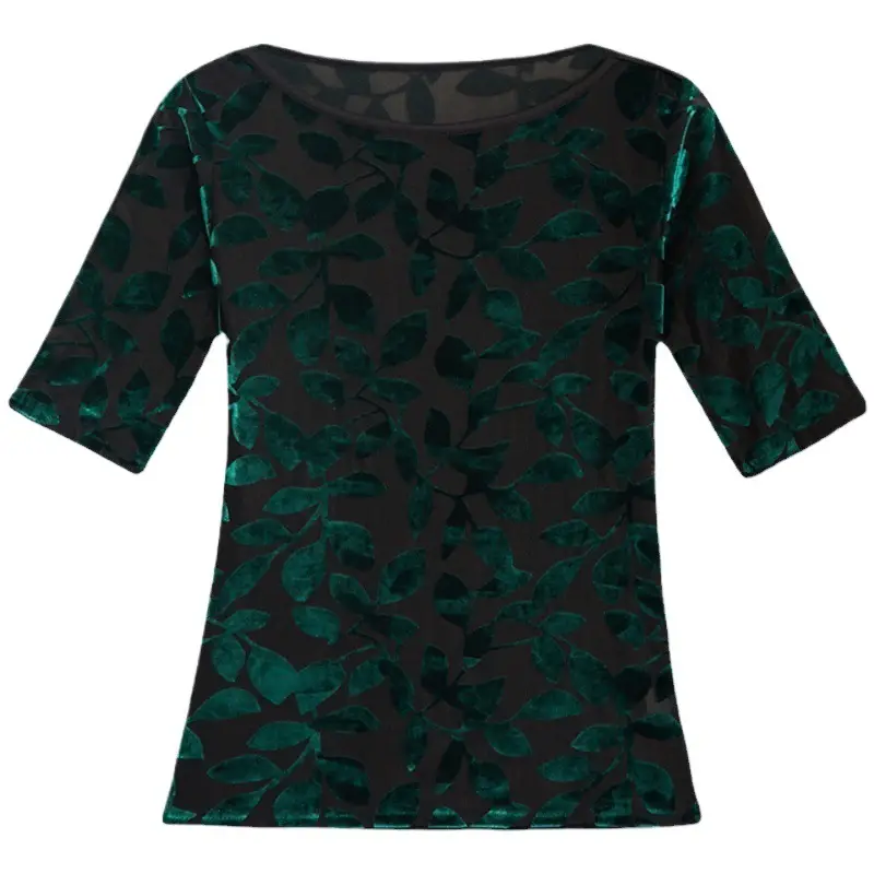 Women Black Leafy Flocked Mesh Top Mid Sleeve Spring Fall - Image 30