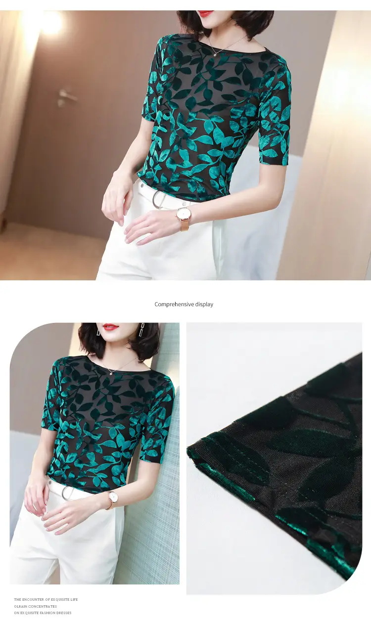 Women Black Leafy Flocked Mesh Top Mid Sleeve Spring Fall — feature 12