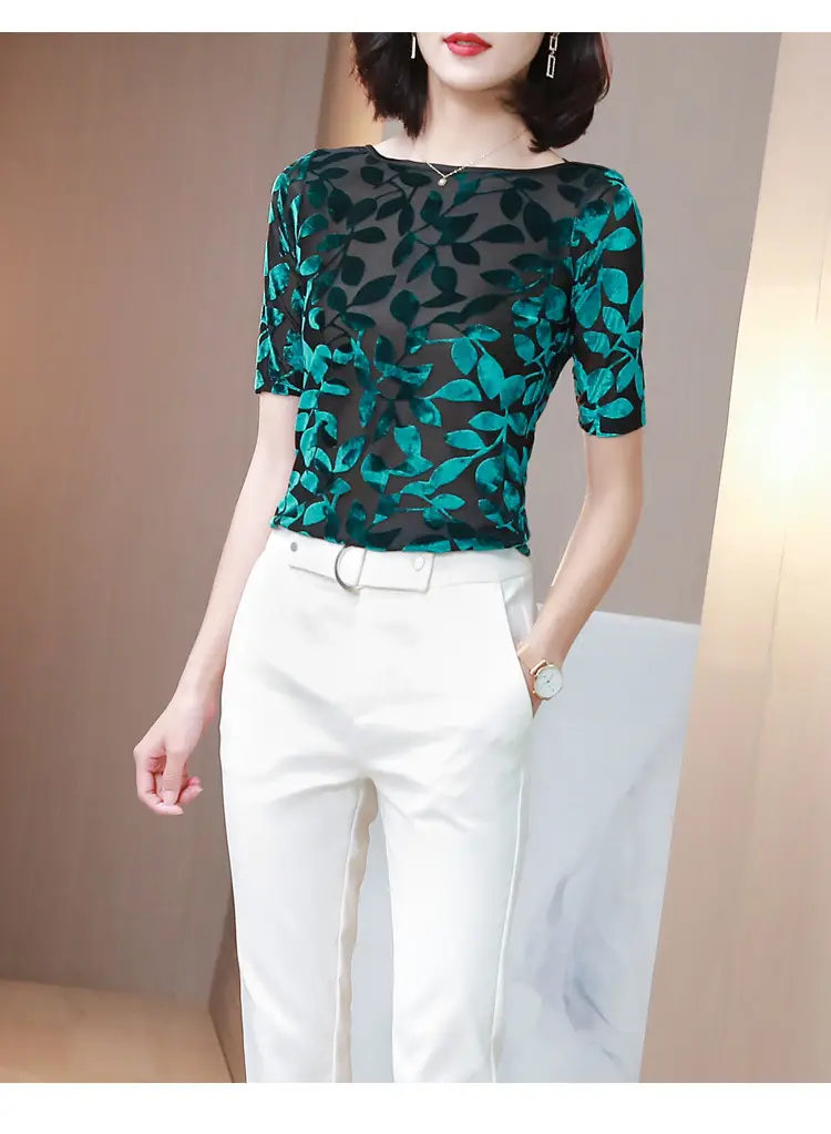 Women Black Leafy Flocked Mesh Top Mid Sleeve Spring Fall — feature 13