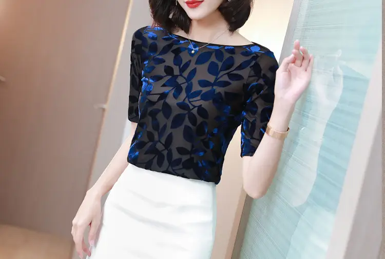 Women Black Leafy Flocked Mesh Top Mid Sleeve Spring Fall — feature 15
