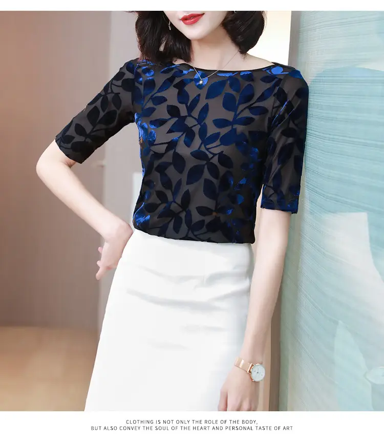 Women Black Leafy Flocked Mesh Top Mid Sleeve Spring Fall — feature 17