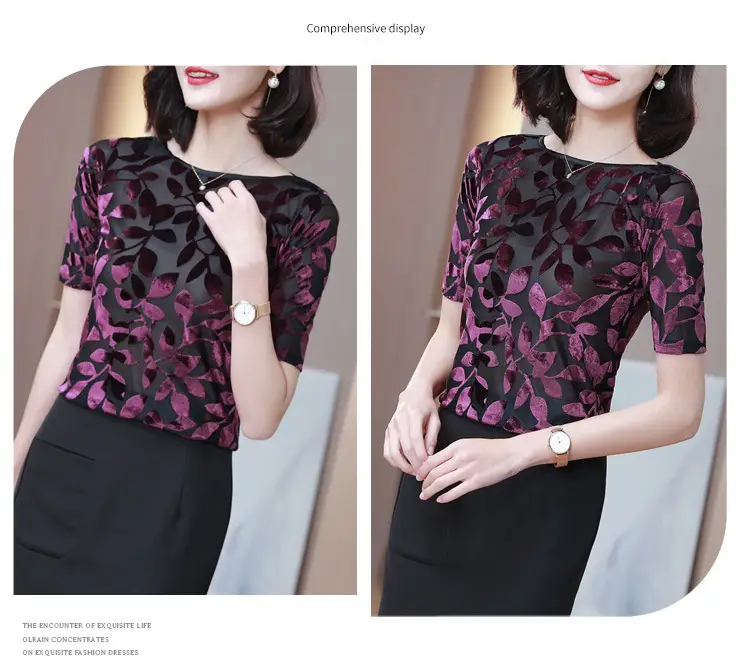 Women Black Leafy Flocked Mesh Top Mid Sleeve Spring Fall — feature 20