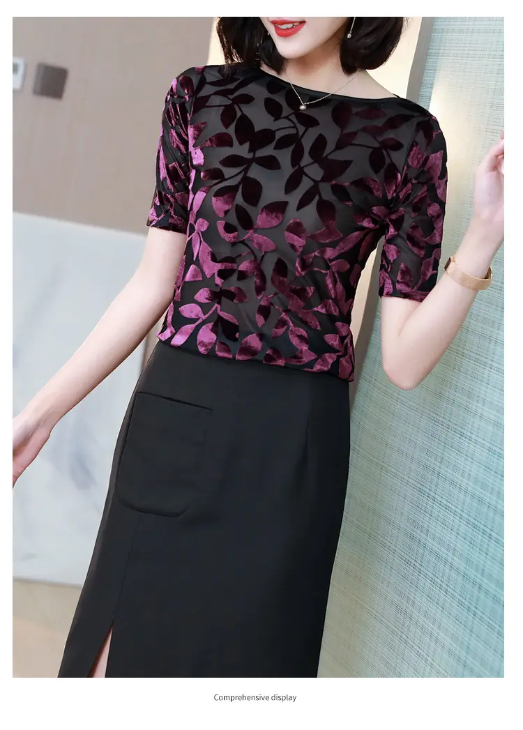 Women Black Leafy Flocked Mesh Top Mid Sleeve Spring Fall — feature 21