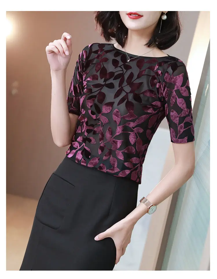 Women Black Leafy Flocked Mesh Top Mid Sleeve Spring Fall — feature 22