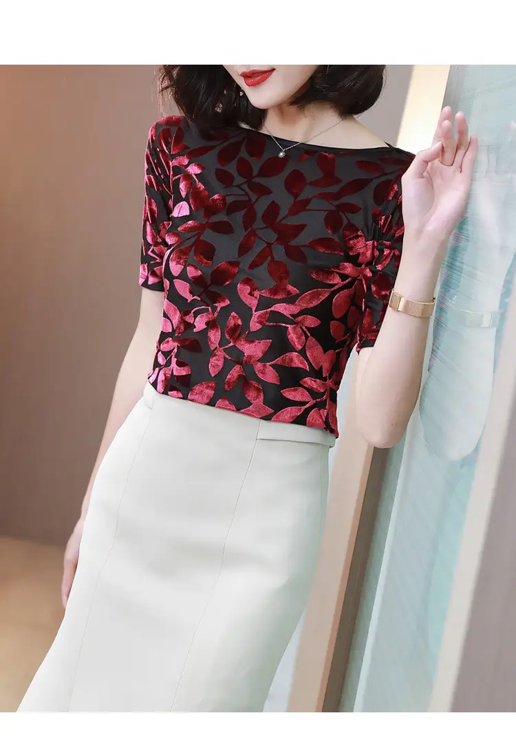 Women Black Leafy Flocked Mesh Top Mid Sleeve Spring Fall — feature 23